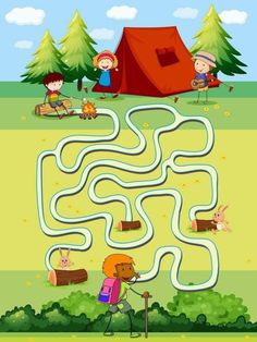 a maze game with kids camping in the woods stockvectors, clipping and illustration