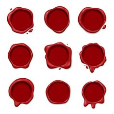 six red wax seals with different shapes and sizes on the bottom, one is empty