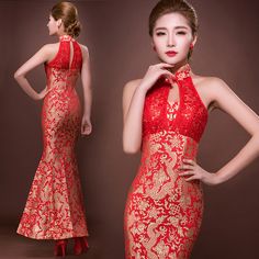 Chinese Mermaid, Unique Gowns, Red Chinese Dress, Cheongsam Traditional, Modeling Outfits, Chinese Bride, Red Bridal Dress, Modern Qipao, Red Wedding Dress