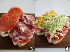 two pictures side by side with different types of food on the same plate, one has salami and the other has cheese