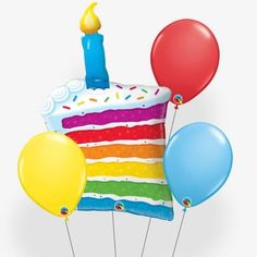 a birthday cake surrounded by balloons on a white background