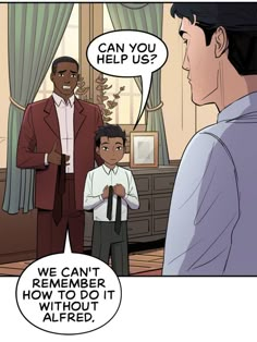 a comic strip with an image of a man in a suit talking to a young boy