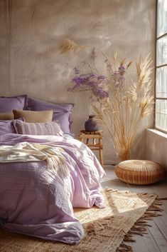 a bed with purple sheets and pillows next to a window in a room that has a rug on the floor