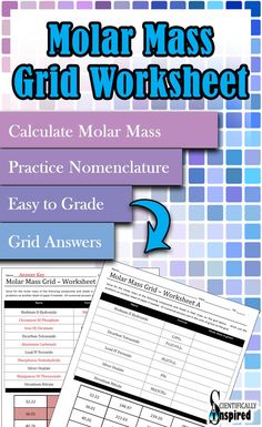 the molar mass grid worksheet is shown in blue and pink with an arrow pointing