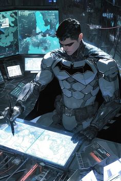 a man in a batman costume sitting at a desk