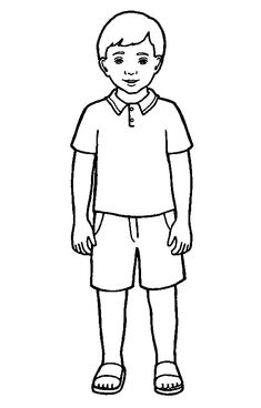 a black and white drawing of a boy in shorts with his hands on his hips