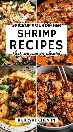 shrimp recipe collage with the words spice up your dinner shrimp recipes that are sure to please