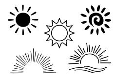 four different types of sun and clouds on a white background, each with black outline