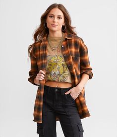 Gilded Intent Washed Plaid Boyfriend Flannel Shirt - Brown XX-Large, Women's Orangeblack Button down oversized shirt Bust measures 44 on size small Body length 28 on size small. Layering piece(s) and/or accessories sold separately.. 100% Cotton. Machine wash cold. Tumble dry low. Only non-chlorine bleach when needed. Warm iron if needed. No dry cleaning.  . Measurements: Bust -Fullest part of bust with arms at sides. Waist -Circumference of natural waist: above belly button below rib cage. Hips Button Down Oversized Shirt, Womens Flannel Shirt, Waist Circumference, Women Shirts Blouse, Rib Cage, Shirts Blouses, Women's Shirts, Oversized Shirt, Belly Button