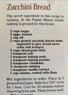 the recipe for zucchini bread is shown in an old style newspaper article,