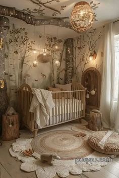 a baby's room with a crib, rugs and lights in it