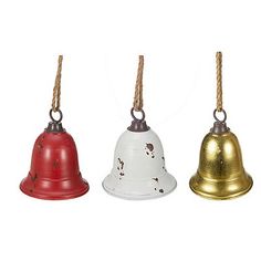 three bells hanging from twine with rope attached to them, all in different colors