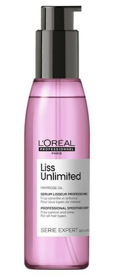 Serie Expert Aceite de Brillo SeruM Liss Unlimited 125ML LoreaL ProfesionaL Liss Unlimited styling oil that intensely nourishes, giving intense shine and softness to rebellious or straightened hair. With fast-absorbing Evening Primrose oil that controls hair and prevents frizz with a light texture. APPLICATION: Apply a small amount to your hands with damp hair. Spread throughout the hair from the tips to the roots. Facilitating brushing and drying for all types of hair. No rinse. TECHNOLOGY: PRI Loreal Serum, Dry Frizzy Hair, Unruly Hair, Frizz Free Hair, Pink Bottle, Hair Control, Primrose Oil, Evening Primrose Oil, Dry Oil