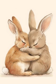 two rabbits hugging each other with their eyes closed