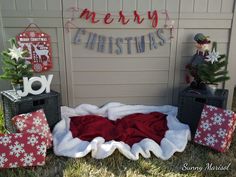 christmas presents are laid out on the grass