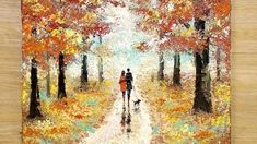 a painting of two people walking down a path in the woods