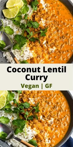 coconut lentil curry in a bowl with rice and cilantro on the side