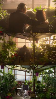 two people are sitting under an umbrella in the middle of some plants and one is looking at another person