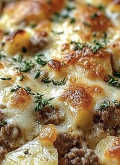 a casserole dish with meat and cheese on it's crust, garnished with fresh herbs