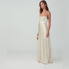 Never Worn - Satin Cowl Neck Maxi Dress With Thin Straps And Low Back. Cream Formal Dresses, Satin Cowl Neck Dress, Tiered Gown, Cowl Neck Maxi Dress, Charmeuse Dress, Drape Gowns, Fancy Gowns, Fame And Partners, A Line Maxi Dress