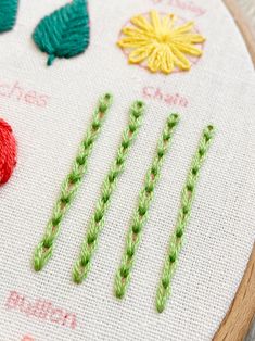 the embroidery is being worked on with different colored yarns and needles, along with other items