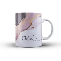 a coffee mug with the name chloe on it and an image of a marble background