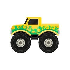 a cartoon monster truck with green and yellow designs on it's front wheels, painted in bright colors