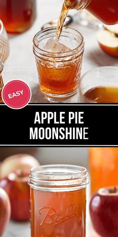 an apple pie in a mason jar is being poured into the jar and then topped with apples