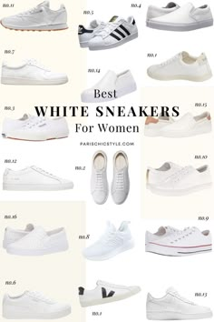 Best White Sneakers For Women For Street Style Shoes, Walking, Travel: Comfortable Chic, Stylish French Sneakers, & Italian Sneakers that are classic, & timeless for everyday destination.  Parisian style sneakers. Best white sneakers to wear with dresses, skirts, pants, trousers, jeans or leggings. Classic white sneakers. Best low top white sneakers. Lace Up Best white sneakers for travel. #bestwhitesneakers #bestsneakers #besttravelshoes Paris Chic Style #frenchsneakers #italiansneakers White Shoes For Dress, White Sneaker With Dress, Best White Sneakers For Dresses, Best White Shoes For Women, White Sneakers For Dresses, How To Style White Shoes, Styling White Sneakers Women, Everyday White Sneakers