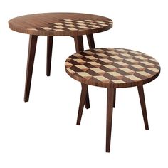 two wooden tables with checkerboard design on them