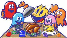 an image of some cartoon characters with food on the table and one has a turkey