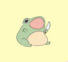 a cartoon frog holding a knife in its mouth