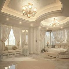 a large white room with chandeliers and curtains on the ceiling, in arabic