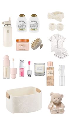 the contents of a baby's gift set including bottles, soaps and other items