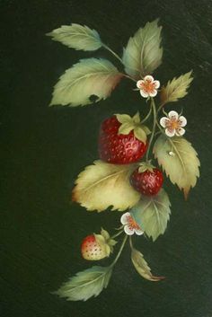 a painting of strawberries with leaves and flowers on a black background by an unknown artist