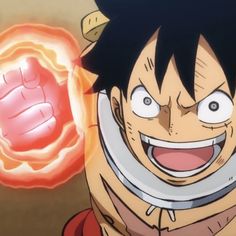 an anime character is smiling and pointing his fist at the camera with one eye open