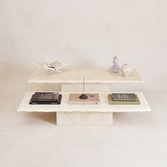 a table that has some books on it and two birds sitting on top of it