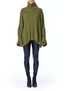 Turtleneck Ribbed Relaxed fit Drop-seam shoulders Long sleeve High-low front hem Fabric: 100% Acrylic Care: Hand wash in cold. Do not bleach. Line dry. Iron low heat. Leather Dresses, Oversized Sweater, Sweaters Oversized, Festival Wear, New Shop, Sweater Jacket, Army Green, The Label, High & Low