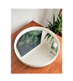 a mirror sitting on top of a wooden table next to a potted green plant