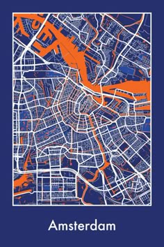 an orange and blue map of amsterdam, with the name amsterdam in white on it