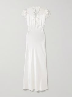 Elegant White Evening Dress With Lace Trim, Elegant Silk Dress With Lace Trim, Silk Wedding Gown With Satin Finish, Elegant Lace Trim Wedding Dress, White Satin Dress With Bias Cut, Elegant Fitted Gown With Satin Lining, White Satin Bias Cut Dress, Silk Dress With Satin Finish For Wedding Night, Elegant Satin Evening Dress With Lace Trim