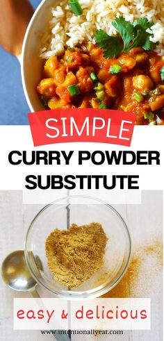 vegan potato curry and bottom image is curry powder substitute in a glass dish Coconut Flour Pumpkin Muffins, Tumeric Powder, How To Make Curry, Homemade Curry Powder, Best Curry, Homemade Curry, Japanese Curry, Curry Rice