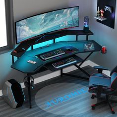 a computer desk with two monitors and a gaming chair in front of the monitor screen