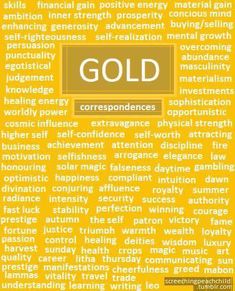 the words gold on a yellow background with white and black text in different font styles