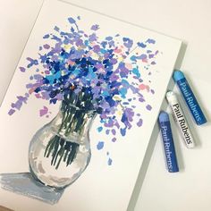 watercolors and crayons are used to create this colorful flower arrangement in a vase