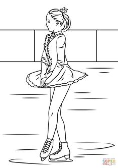 a girl in a dress is skating on the ice rink coloring pages for kids and adults