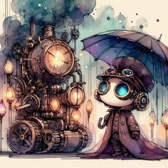 a drawing of a steampunk girl with an umbrella next to a train engine