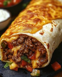 a burrito with meat, cheese and vegetables on a black plate next to salsa