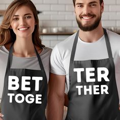 two people wearing aprons with the words bet together