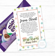 an easter card with the message jesus christ on it, next to a chocolate bar